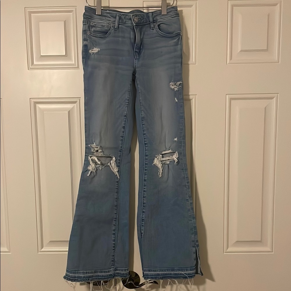 American Eagle Blue Flare Jeans with Vintage Distress